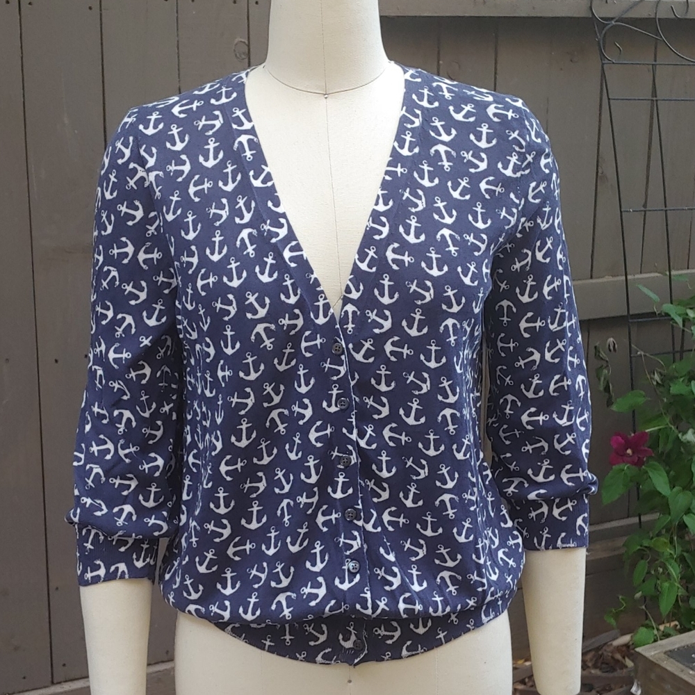 J.Crew mariner anchor nautical blue 3/4 cardigan S